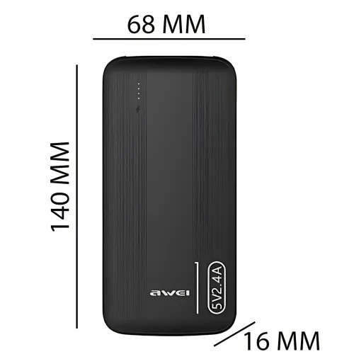 Повербанк AWEI P20K 10000mAh 2.4A, портативный аккумулятор с 2×USB, Type-C, LED-индикатор, черный - фото 8