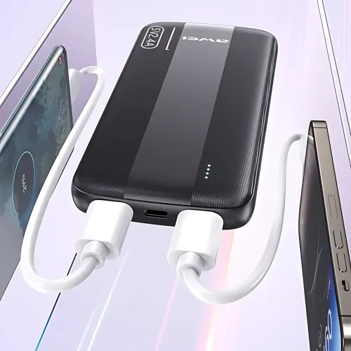 Повербанк AWEI P20K 10000mAh 2.4A, портативный аккумулятор с 2×USB, Type-C, LED-индикатор, черный - фото 7