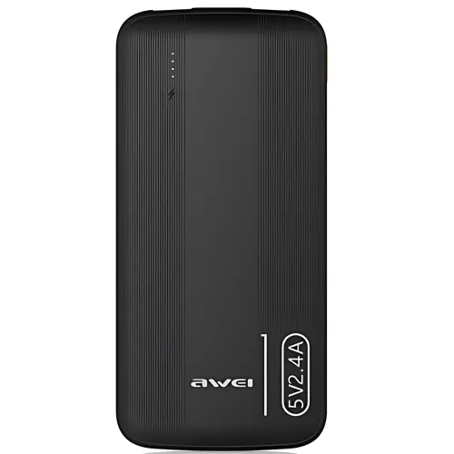 Повербанк AWEI P20K 10000mAh 2.4A, портативный аккумулятор с 2×USB, Type-C, LED-индикатор, черный - фото 3