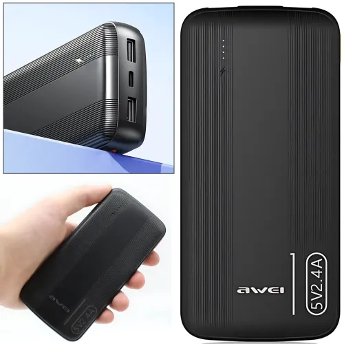 Повербанк AWEI P20K 10000mAh 2.4A, портативный аккумулятор с 2×USB, Type-C, LED-индикатор, черный