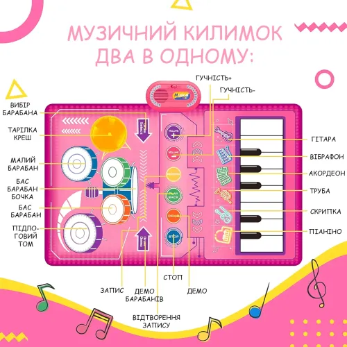 Развивающий музыкальный коврик 2-в-1 Musical Play Mat, пианино + барабаны, 80×50 см, запись и воспроизведение - фото 3