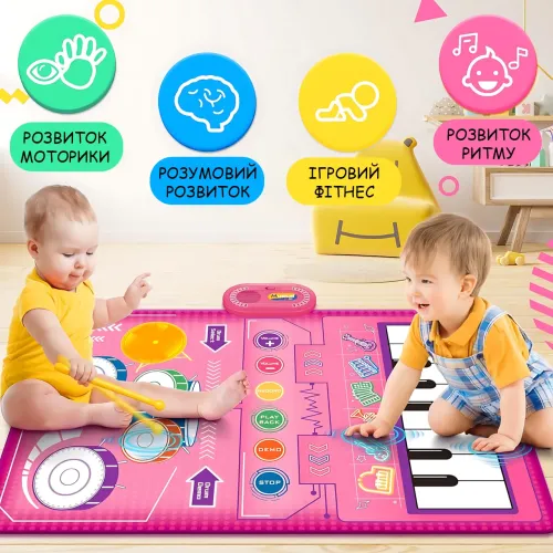 Развивающий музыкальный коврик 2-в-1 Musical Play Mat, пианино + барабаны, 80×50 см, запись и воспроизведение - фото 4