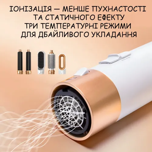 Фен-щетка мультистайлер Hot Air Styler 5 в 1 с ионизацией, 5 насадок, 3 температурных режима, 1000 Вт, кейс для хранения и поездок Белый - фото 4