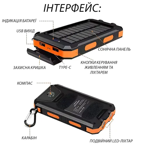 Power Bank HOCO J164 Platinum Solar Dual Lighting 8000mAh, солнечная зарядка, 2xUSB-A 5V/2A, USB-C вход, с компасом и фонариком - фото 7