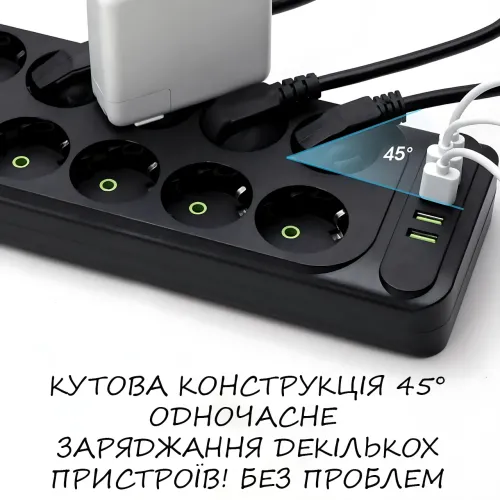 Мережевий фільтр — подовжувач 006 High Power 3250W/300W, 10 євро розеток + 4 USB (3 × USB-A + USB-C PD 20 W), швидке заряджання QC - фото 7