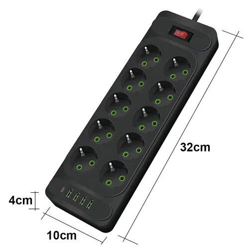Мережевий фільтр — подовжувач 006 High Power 3250W/300W, 10 євро розеток + 4 USB (3 × USB-A + USB-C PD 20 W), швидке заряджання QC - фото 9