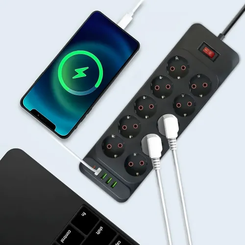 Мережевий фільтр — подовжувач 006 High Power 3250W/300W, 10 євро розеток + 4 USB (3 × USB-A + USB-C PD 20 W), швидке заряджання QC