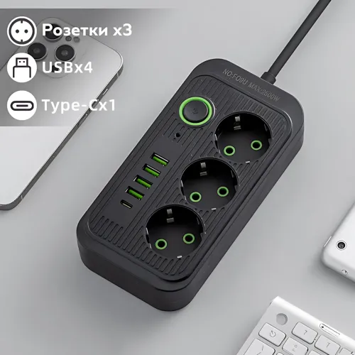 Мережевий фільтр подовжувач Power Socket F09U 2500 W 2 м, 3 розетки + 4 USB + Type-C, з вимикачем, захист від перевантаження - фото 4