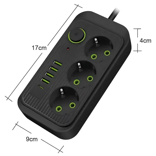 Мережевий фільтр подовжувач Power Socket F09U 2500 W 2 м, 3 розетки + 4 USB + Type-C, з вимикачем, захист від перевантаження - фото 10