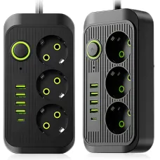 Сетевой фильтр удлинитель Power Socket F09U 2500W 2м, 3 розетки + 4 USB + Type-C, с выключателем, защита от перегрузки