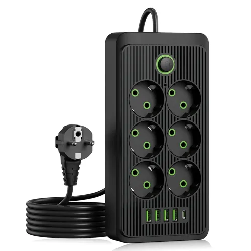 Мережевий фільтр Power Socket F06U 2500W, подовжувач 2 м, 6 розеток із заземленням, 4 × USB + Type-C, захист від перевантаження