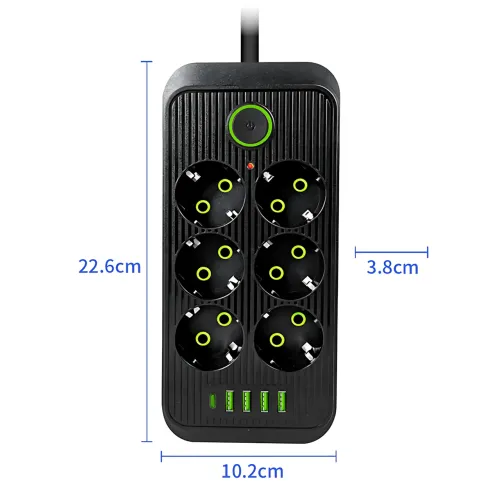Мережевий фільтр Power Socket F06U 2500W, подовжувач 2 м, 6 розеток із заземленням, 4 × USB + Type-C, захист від перевантаження - фото 8