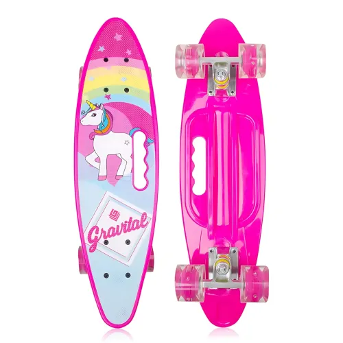 Скейтборд Penny Board 22 Aspink Единорог розовый со светящимися колесами и ручкой, детский пенни борд до 80 кг, ABEC-7, пластик - фото 2