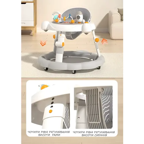 Детские ходунки 2в1 KAR74 складные, игровой центр, 8 уровней регулировки высоты, антиопрокидывание, музыкальная панель, серый - фото 5