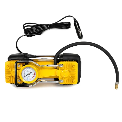 Автомобильный компрессор двухпоршневой 12V YELLOW 2в1 в кейсе, 72 л/мин, от прикуривателя, с манометром и набором инструментов