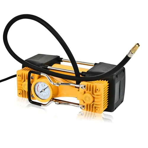Автомобильный компрессор двухпоршневой 12V YELLOW 2в1 в кейсе, 72 л/мин, от прикуривателя, с манометром и набором инструментов - фото 2