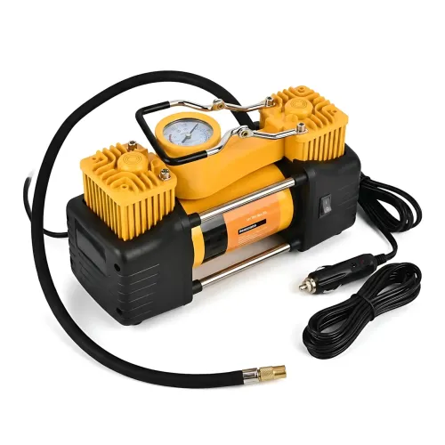 Автомобильный компрессор двухпоршневой 12V YELLOW 2в1 в кейсе, 72 л/мин, от прикуривателя, с манометром и набором инструментов - фото 3