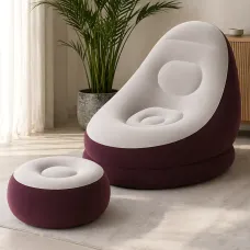 Надувное велюровое кресло с пуфиком Inflatable Sofa AT-2591S бордовое, флокированное кресло-диван до 100 кг, 116х98х83 см