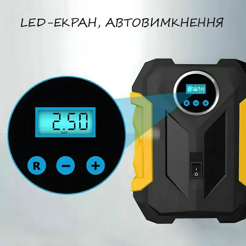 Автомобильный воздушный компрессор 12V, модель 3, 150 PSI, цифровой манометр, автоотключение, LED фонарь, 35 л/мин, насадки - фото 5