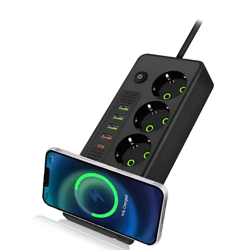 Сетевой фильтр-удлинитель с беспроводной зарядкой Qi, 3 розетки, 4 USB + Type-C, 3 метра, черный - фото 4