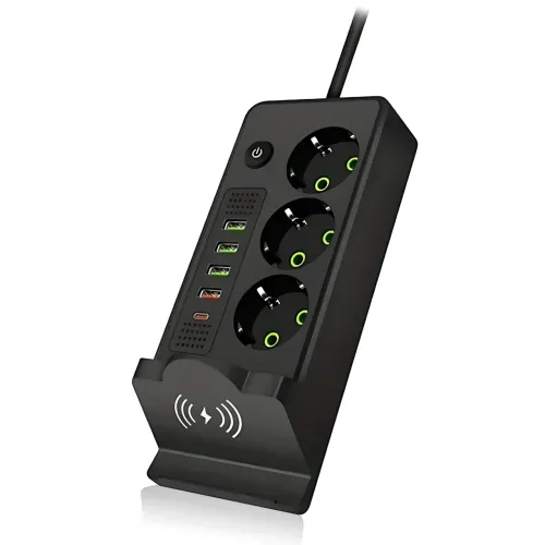 Сетевой фильтр-удлинитель с беспроводной зарядкой Qi, 3 розетки, 4 USB + Type-C, 3 метра, черный - фото 5
