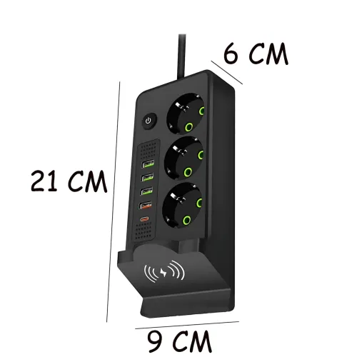 Сетевой фильтр-удлинитель с беспроводной зарядкой Qi, 3 розетки, 4 USB + Type-C, 3 метра, черный - фото 10
