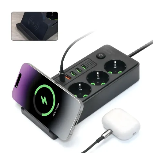 Сетевой фильтр-удлинитель с беспроводной зарядкой Qi, 3 розетки, 4 USB + Type-C, 3 метра, черный