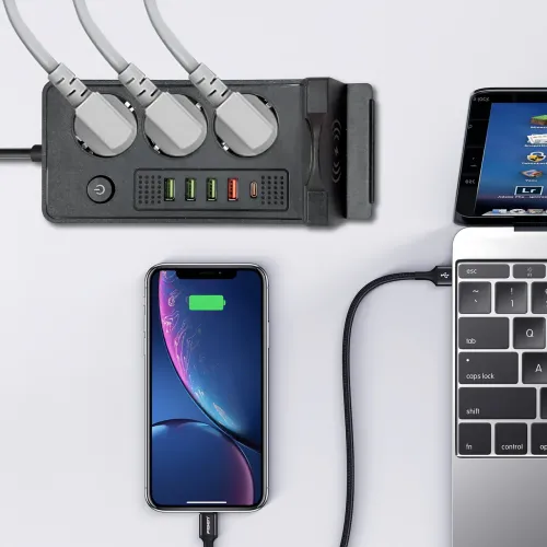 Сетевой фильтр-удлинитель с беспроводной зарядкой Qi, 3 розетки, 4 USB + Type-C, 3 метра, черный - фото 7