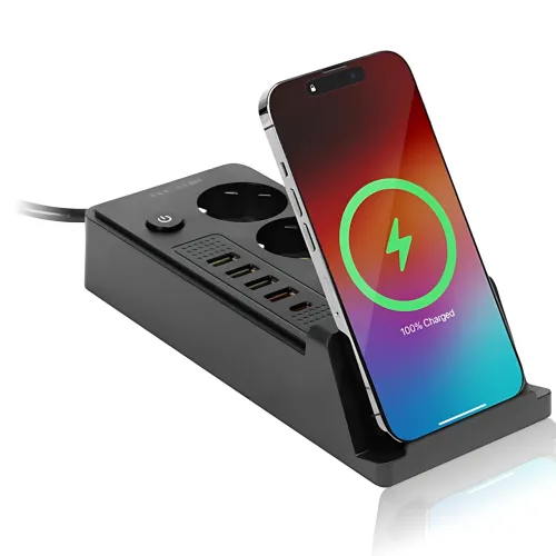 Сетевой фильтр-удлинитель с беспроводной зарядкой Qi, 3 розетки, 4 USB + Type-C, 3 метра, черный - фото 2