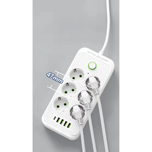 Сетевой фильтр-удлинитель 6 розеток + 4 USB + Type-C, 2 метра, мощный удлинитель с выключателем для дома и офиса, белый - фото 7