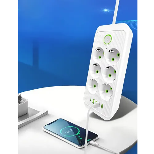 Сетевой фильтр-удлинитель 6 розеток + 4 USB + Type-C, 2 метра, мощный удлинитель с выключателем для дома и офиса, белый - фото 9