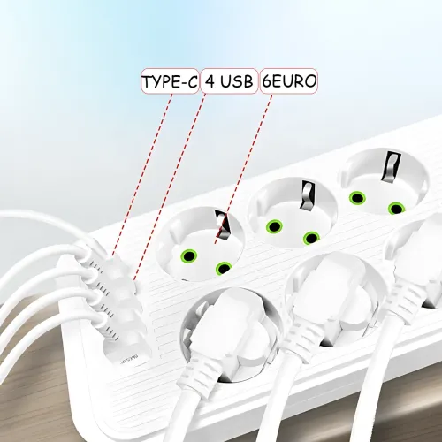 Сетевой фильтр-удлинитель 6 розеток + 4 USB + Type-C, 2 метра, мощный удлинитель с выключателем для дома и офиса, белый - фото 6