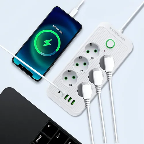 Сетевой фильтр-удлинитель 6 розеток + 4 USB + Type-C, 2 метра, мощный удлинитель с выключателем для дома и офиса, белый - фото 4