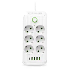 Сетевой фильтр-удлинитель 6 розеток + 4 USB + Type-C, 2 метра, мощный удлинитель с выключателем для дома и офиса, белый