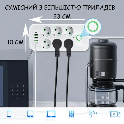 Сетевой фильтр-удлинитель 6 розеток + 4 USB + Type-C, 2 метра, мощный удлинитель с выключателем для дома и офиса, белый - фото 8