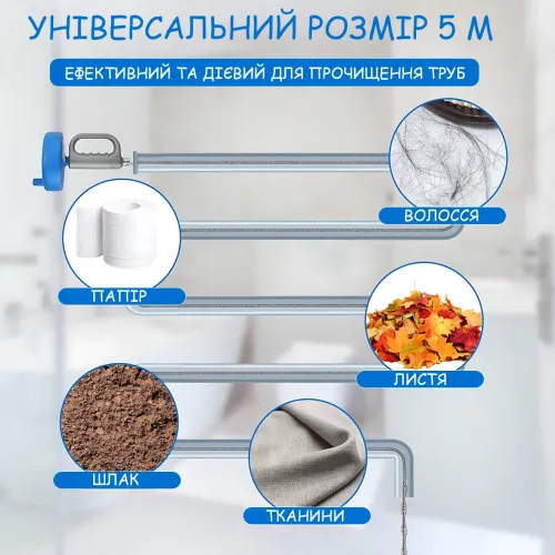 Сантехнический трос для прочистки труб ZS_R, металлический инструмент для удаления засоров в раковине, ванне и канализации, 5 м - фото 4