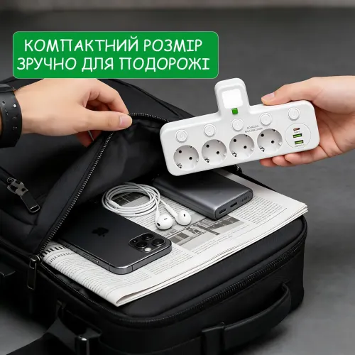 Сетевой фильтр-удлинитель 2500Вт, 4 розетки + 2 USB + 1 Type-C (PD), с ночником, индивидуальные выключатели, белый (PNS-01/8625UL) - фото 9