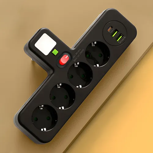 Сетевой фильтр-разветвитель PNS-04, 4 розетки 220V + 2 USB + 1 Type-C (PD), с LED-подсветкой, черный