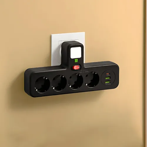 Сетевой фильтр-разветвитель PNS-04, 4 розетки 220V + 2 USB + 1 Type-C (PD), с LED-подсветкой, черный - фото 5