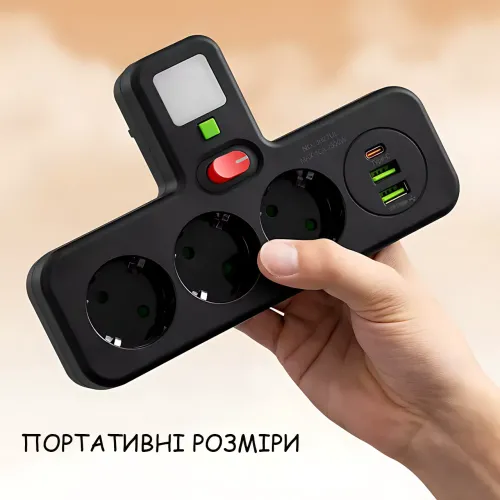 Сетевой фильтр-разветвитель PNS-04, 4 розетки 220V + 2 USB + 1 Type-C (PD), с LED-подсветкой, черный - фото 7