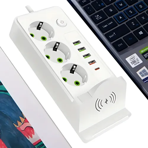 Мережевий фільтр-подовжувач 3 метри, 3 розетки + 4 USB + 2 Type-C (PD) + Бездротова зарядка, білий (Q360/PNS-06)