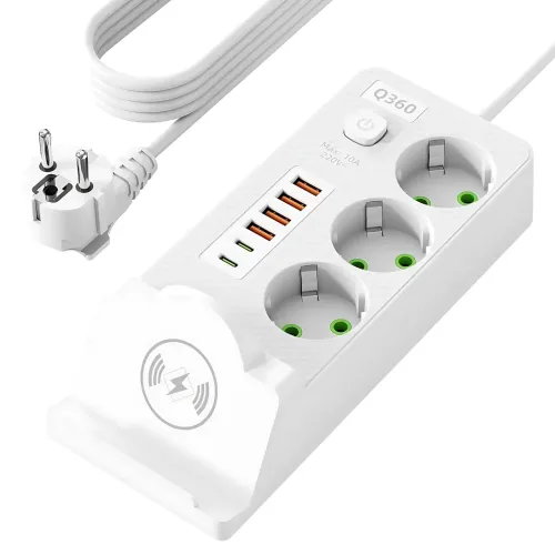 Мережевий фільтр-подовжувач 3 метри, 3 розетки + 4 USB + 2 Type-C (PD) + Бездротова зарядка, білий (Q360/PNS-06) - фото 5