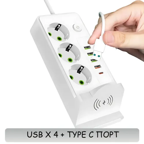 Мережевий фільтр-подовжувач 3 метри, 3 розетки + 4 USB + 2 Type-C (PD) + Бездротова зарядка, білий (Q360/PNS-06) - фото 3