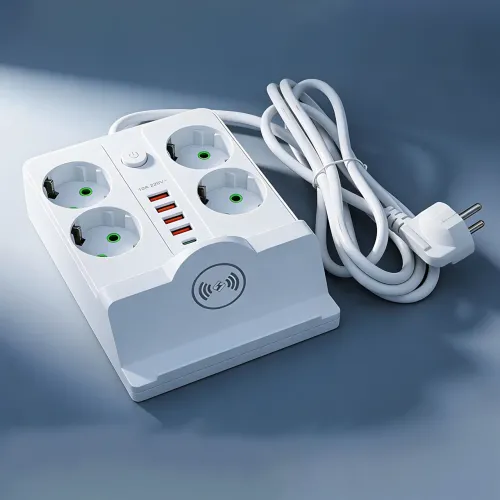 Мережевий фільтр-подовжувач 5 метрів, 4 розетки + 4 USB + 2 Type-C (PD) + Бездротова зарядка, білий (Q370/PNS-07)
