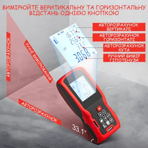 Лазерный дальномер RL-41 (40 м), цифровая лазерная рулетка с LCD-дисплеем и подсветкой, от батареек, с чехлом - фото 3