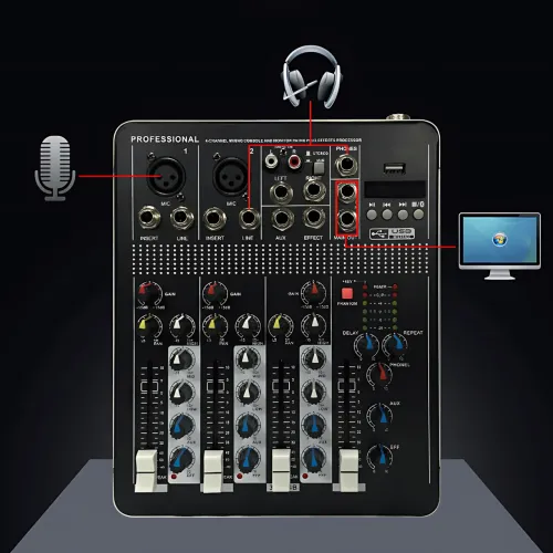 Профессиональный микшерный пульт Mixer BT MT-4000 (2 канала), Bluetooth, USB, MP3, фантомное питание +48V, DSP эффекты - фото 5