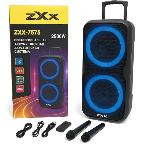 Акустическая колонка ZXX-7575 2500Вт (2×12), портативная караоке-система с 2 радиомикрофонами, Bluetooth, X-BASS, TWS, LED - фото 9
