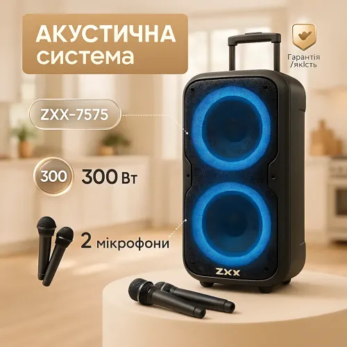 Акустическая колонка ZXX-7575 2500Вт (2×12), портативная караоке-система с 2 радиомикрофонами, Bluetooth, X-BASS, TWS, LED - фото 7