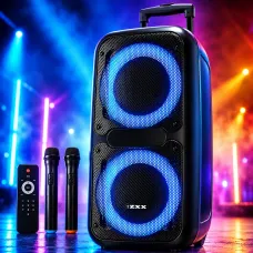 Акустическая колонка ZXX-7575 2500Вт (2×12), портативная караоке-система с 2 радиомикрофонами, Bluetooth, X-BASS, TWS, LED