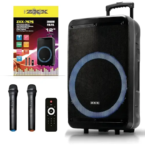 Портативная акустическая колонка ZXX-7676 60Вт 12 с Bluetooth, караоке и 2 радиомикрофонами, автономная колонка-чемодан - фото 10